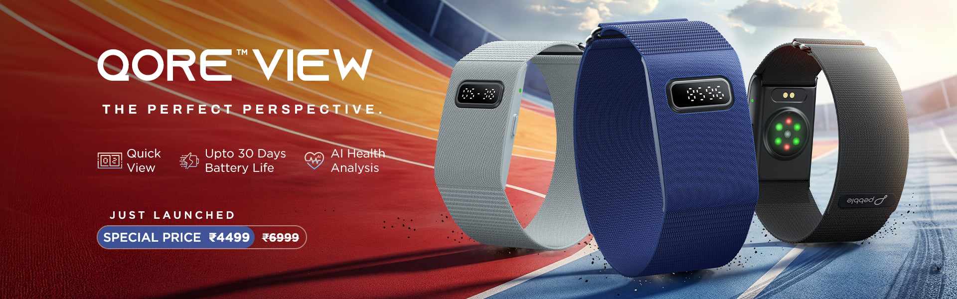 Pebble Qore View wellness band with health tracking sensors